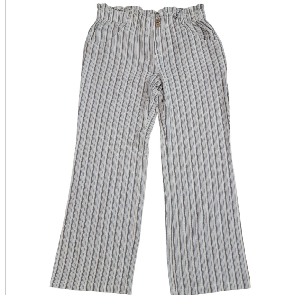 Linen Blue and White Striped Pants Elastic Waistband Lagenlook Size XL Resort